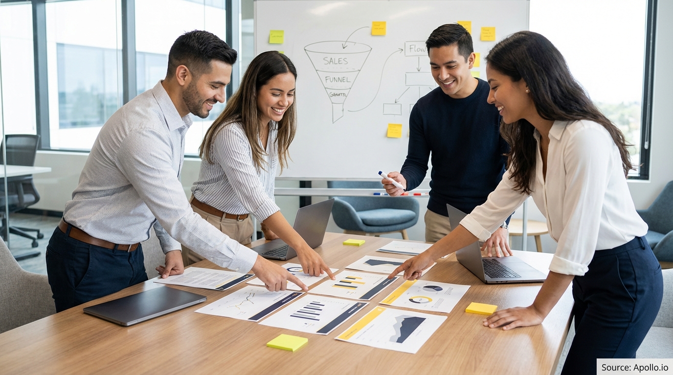 Sales professionals discussing strategy around a conference table in a sales team meeting