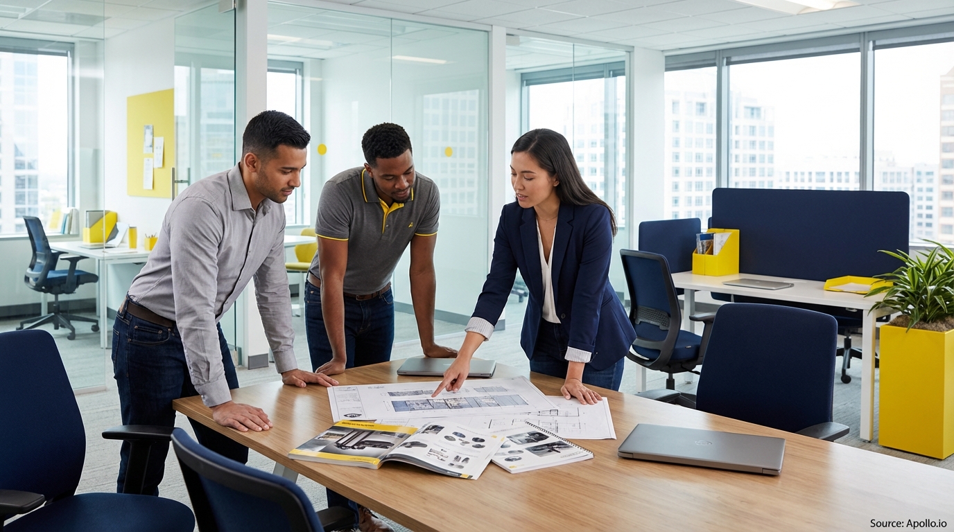 Sales team collaborating in a modern open-plan office in a sales team meeting