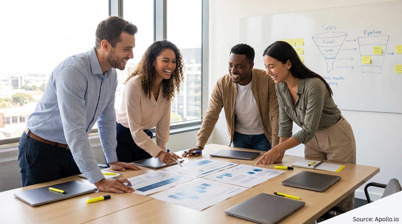 Sales professionals discussing strategy around a conference table in a sales team meeting