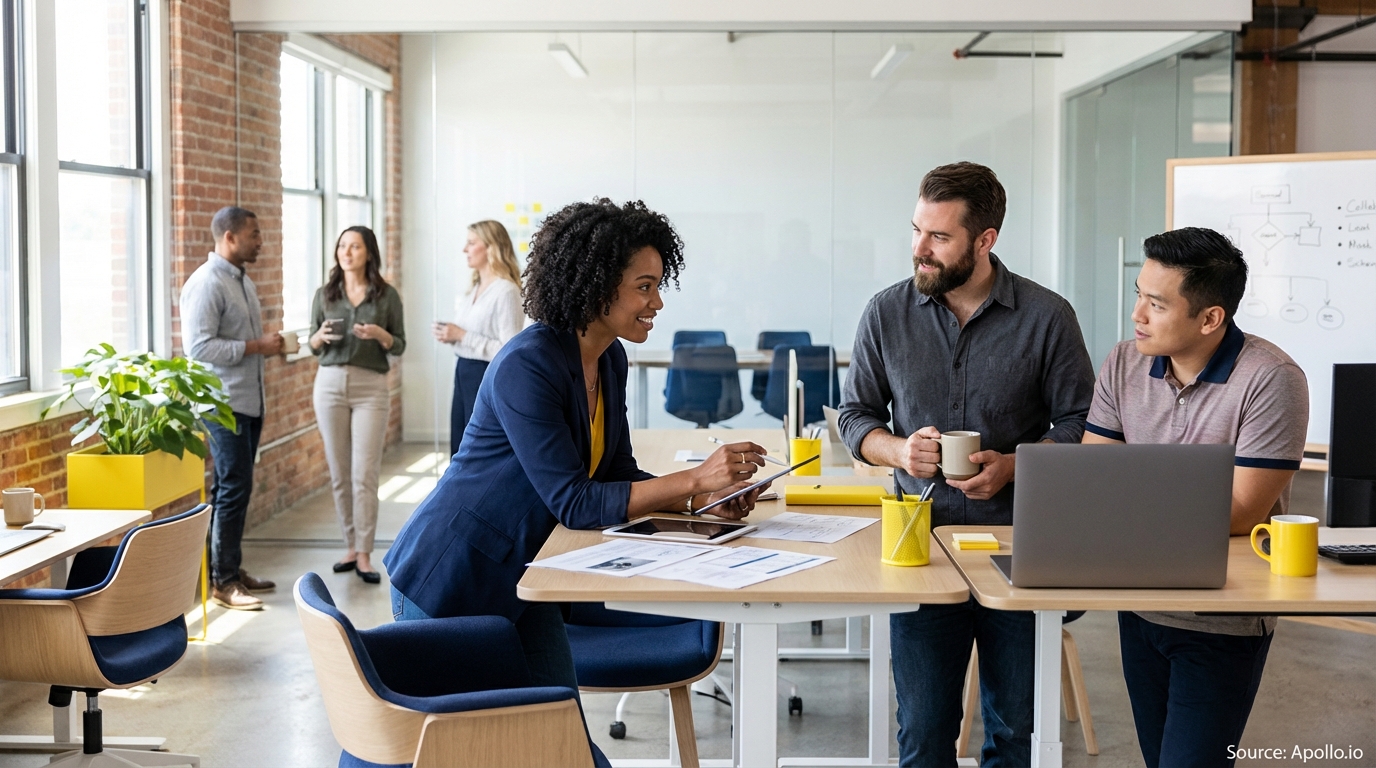 Sales team collaborating in a modern open-plan office in a sales team meeting