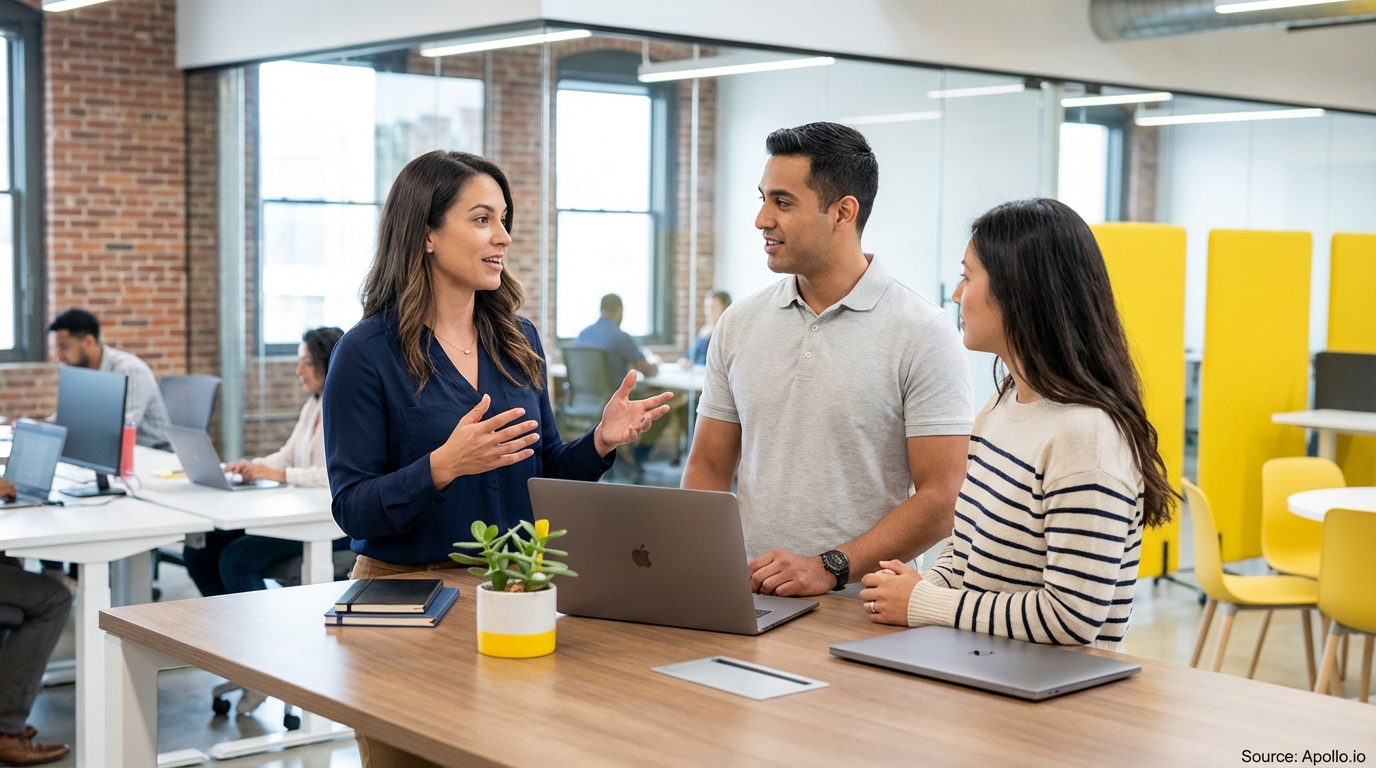 Three professionals conversing at a standing desk with a laptop in a modern office.