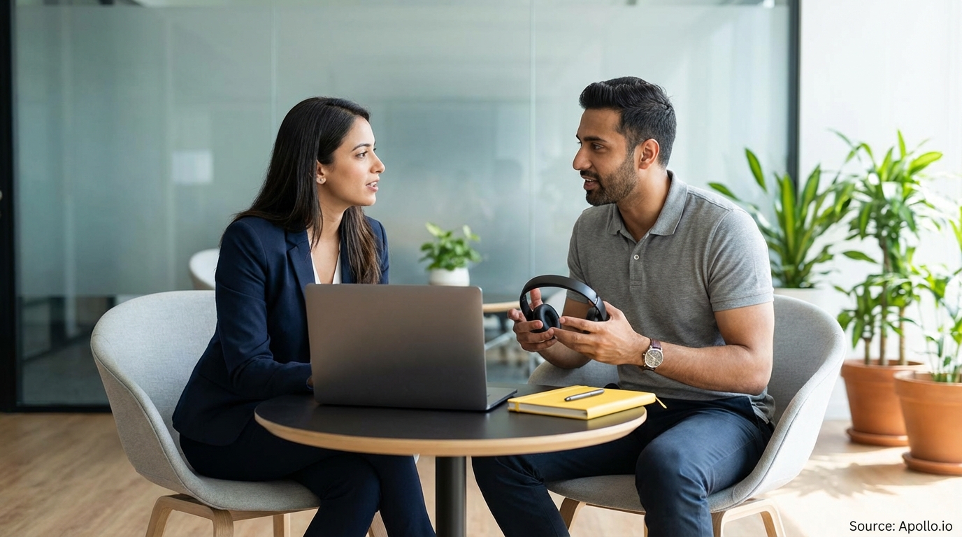 Two people discuss a laptop and headphones at a modern office table.