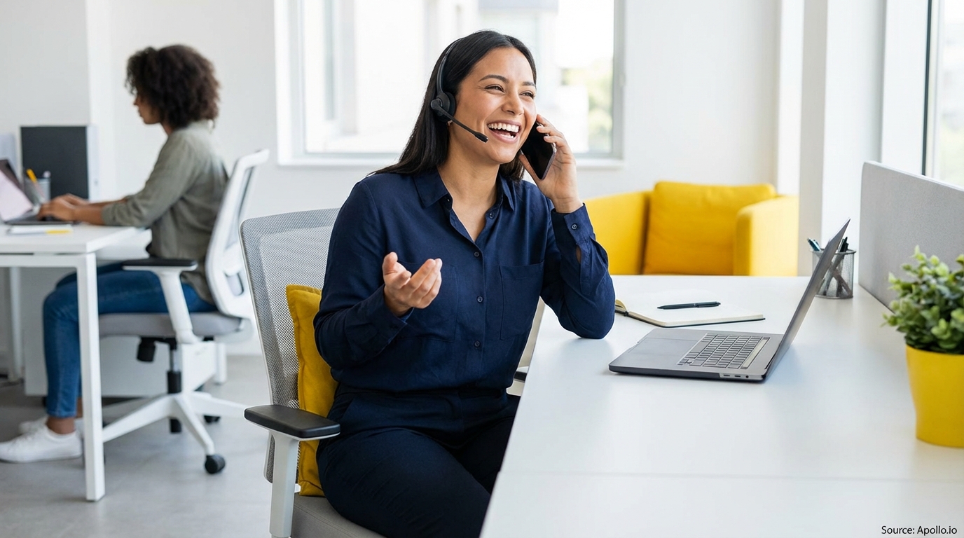 Smiling woman with headset talks on phone at office desk, colleague works on laptop.