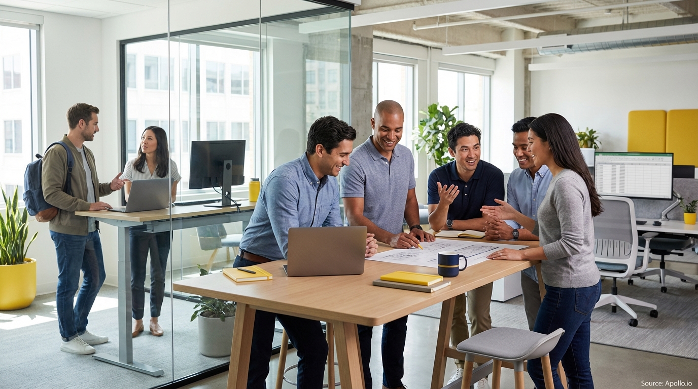 Sales team collaborating in a modern open-plan office in a sales team meeting