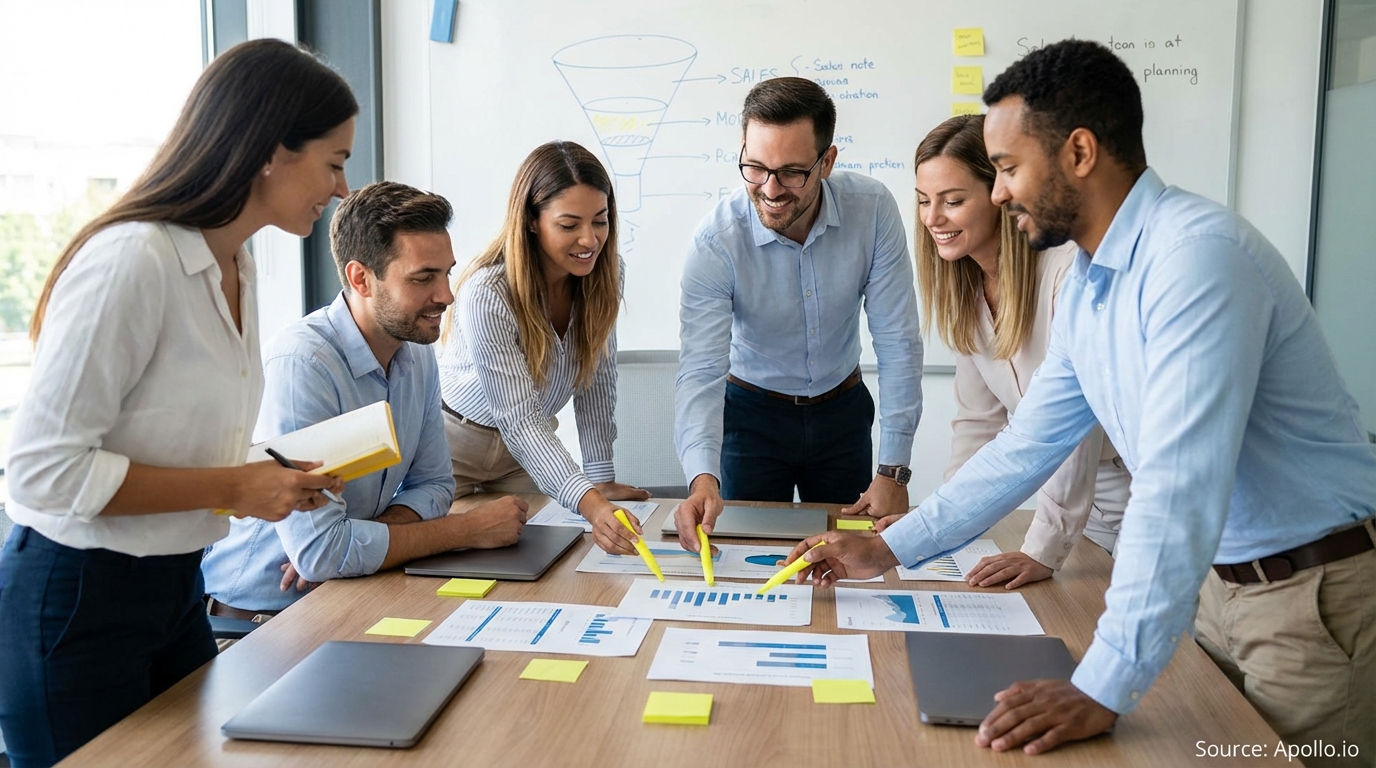Sales professionals discussing strategy around a conference table in a sales team meeting