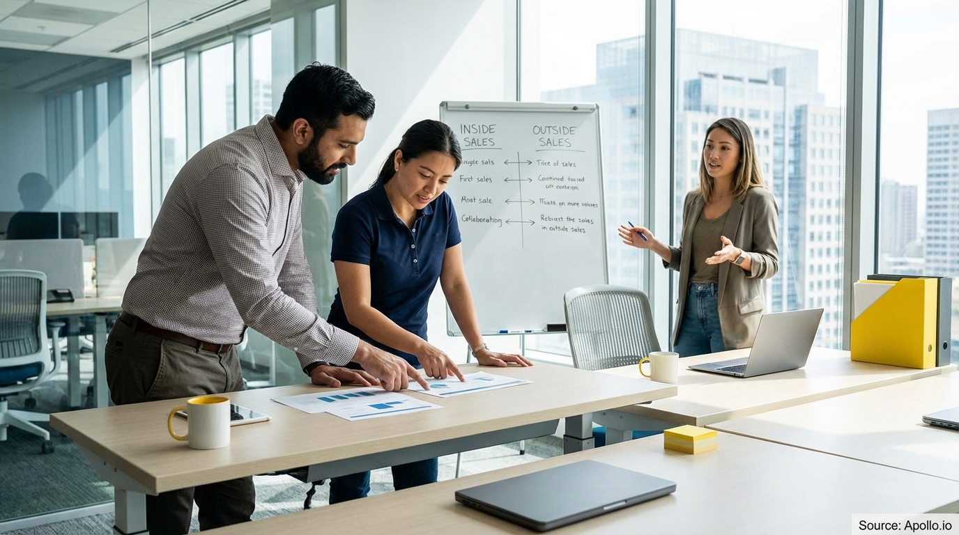 Sales team collaborating in a modern open-plan office in a sales team meeting