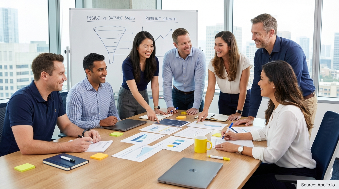 Sales professionals discussing strategy around a conference table in a sales team meeting