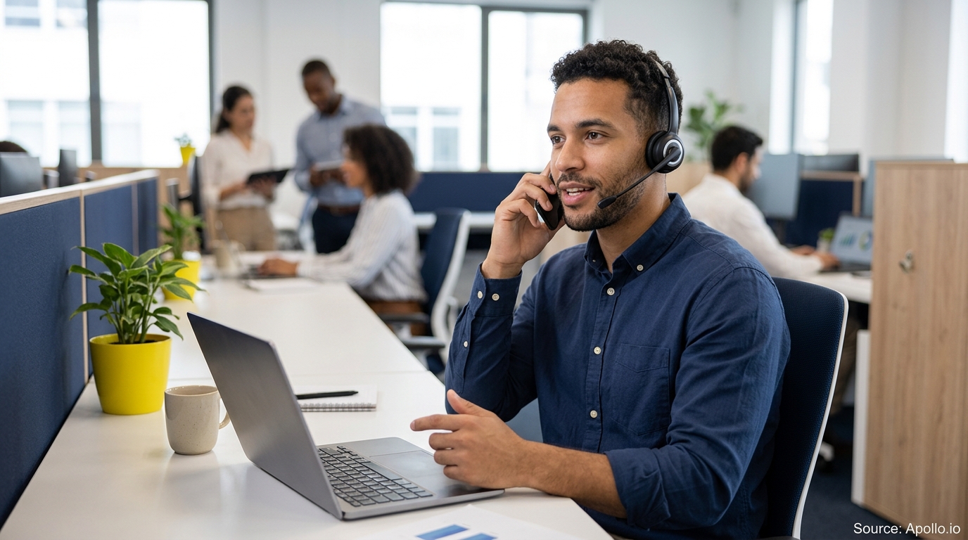 A man wearing a headset handles a phone call at his desk while four coworkers work nearby.