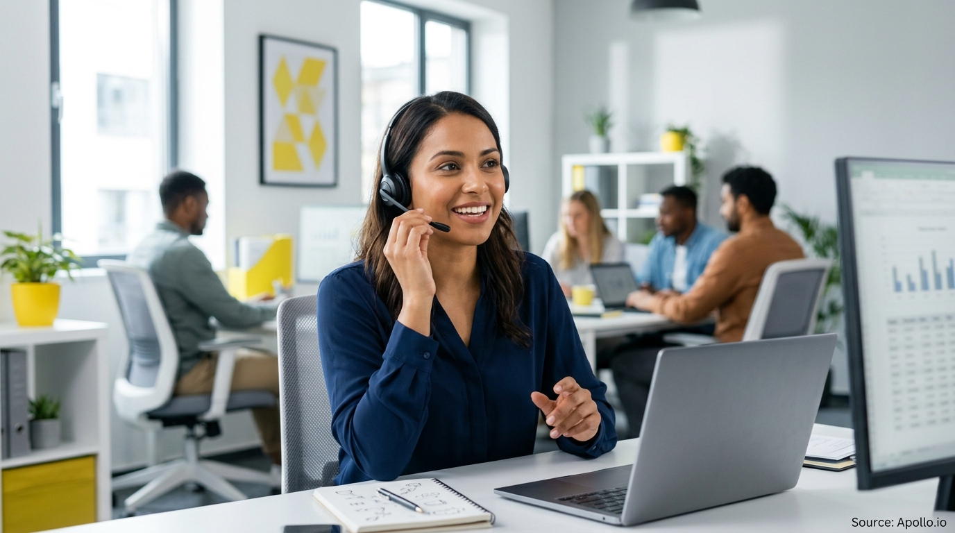 A smiling woman wearing a headset talks at her laptop in a bright office with four colleagues.