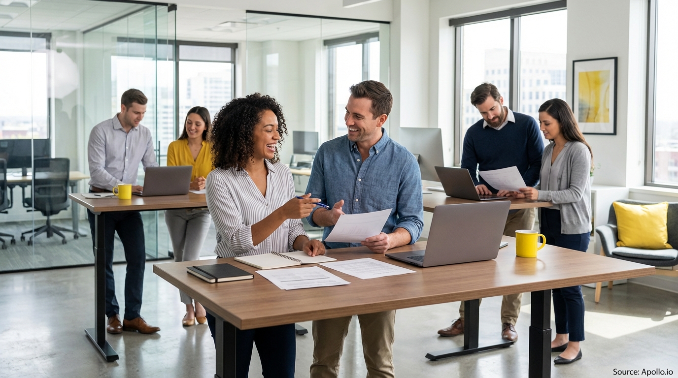 Sales team collaborating in a modern open-plan office in a sales team meeting