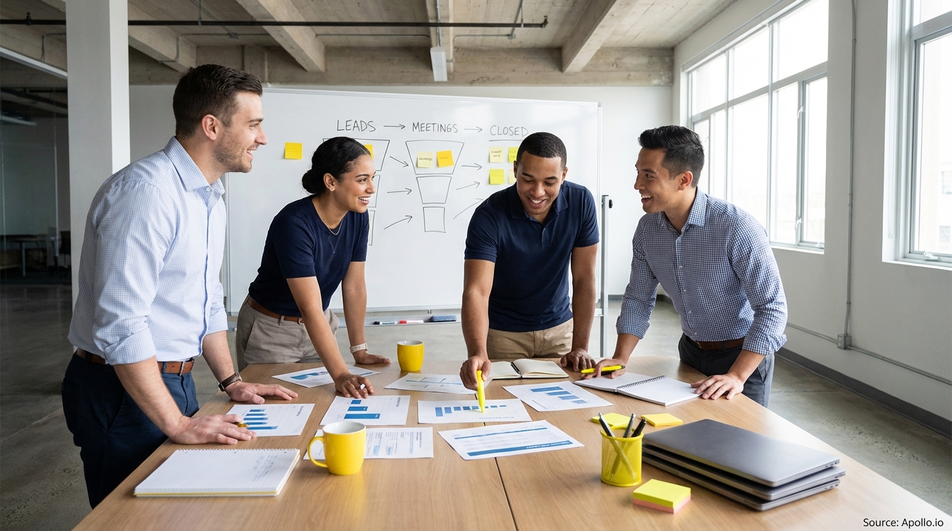 Sales professionals discussing strategy around a conference table in a sales team meeting