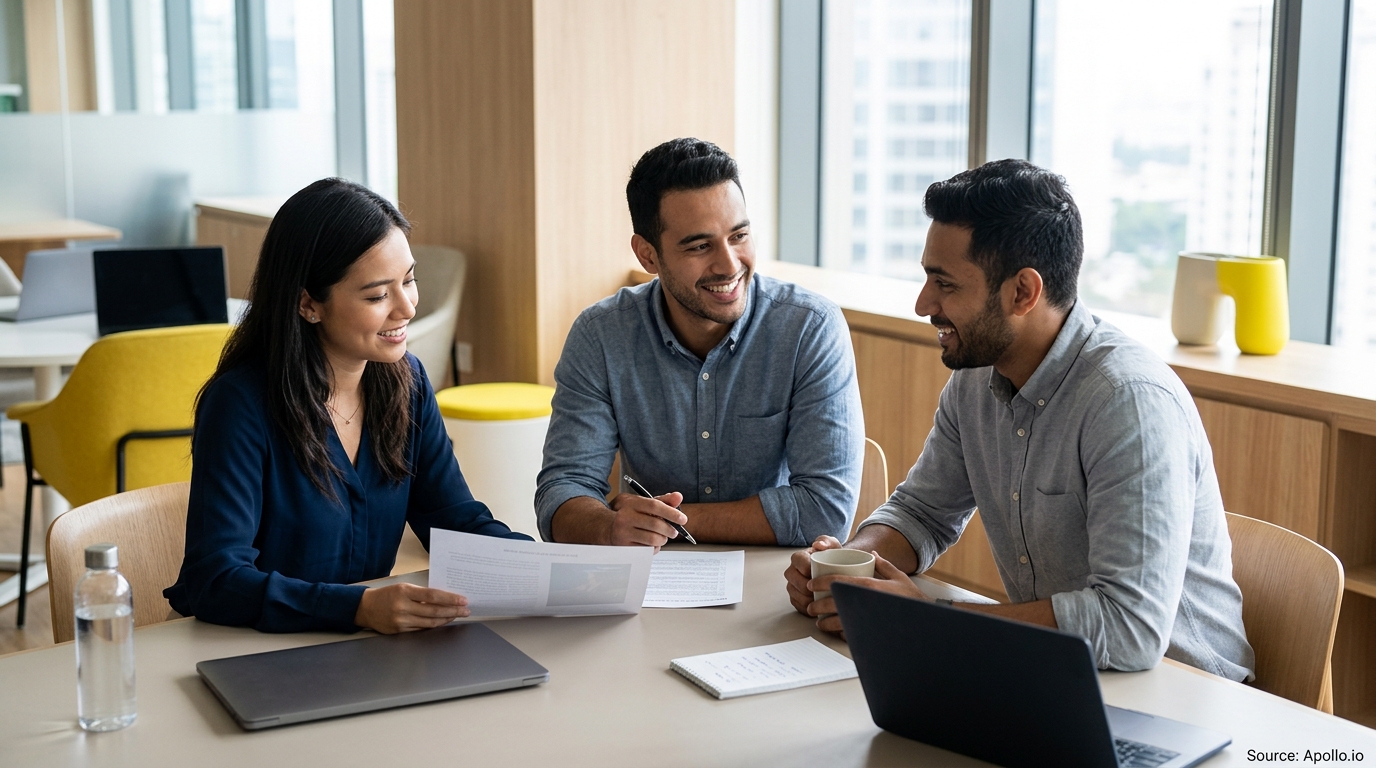 Three professionals collaborate over documents and laptops while seated at a table in a modern, sunlit office.
