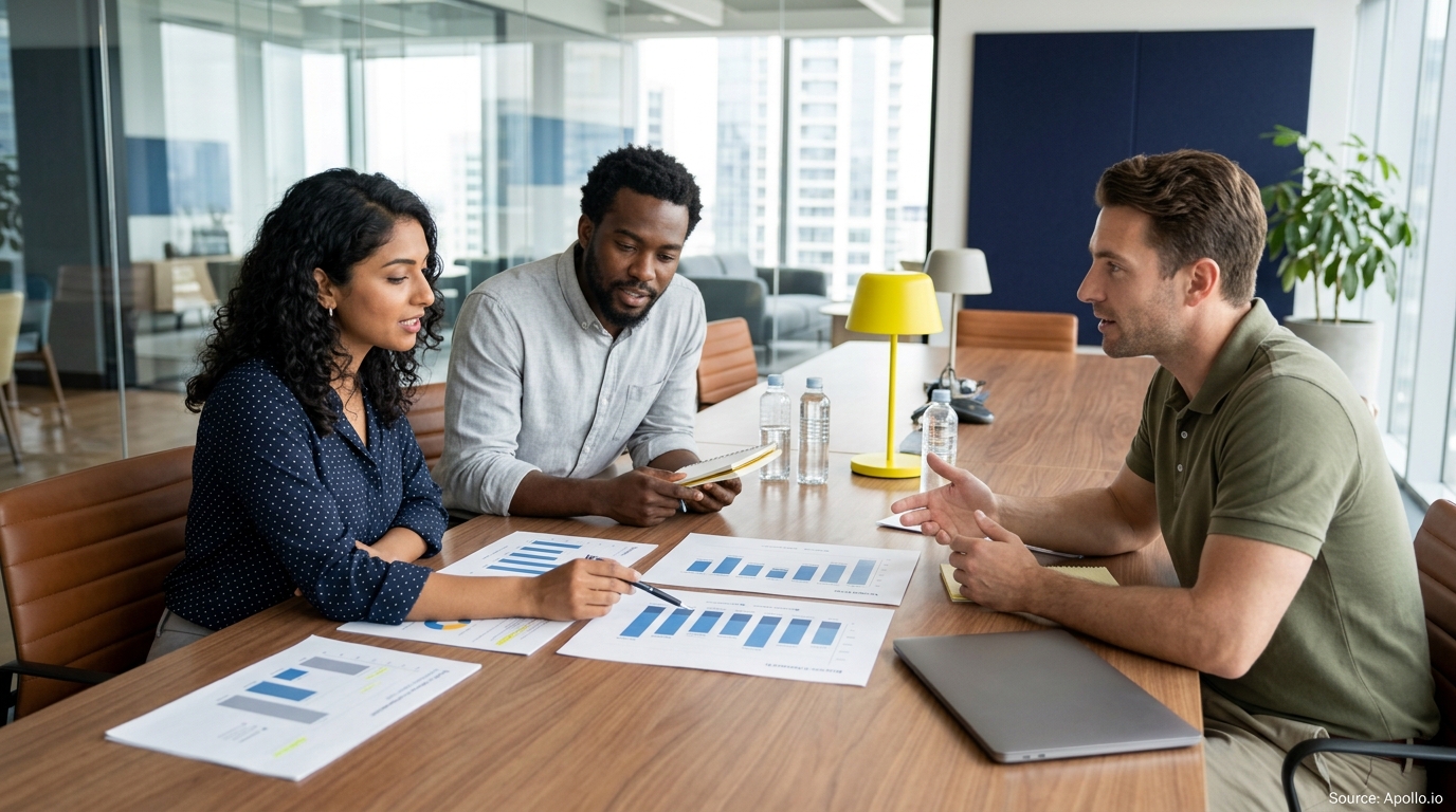 Three professionals analyze printed data charts together around a wooden conference table in a modern office.