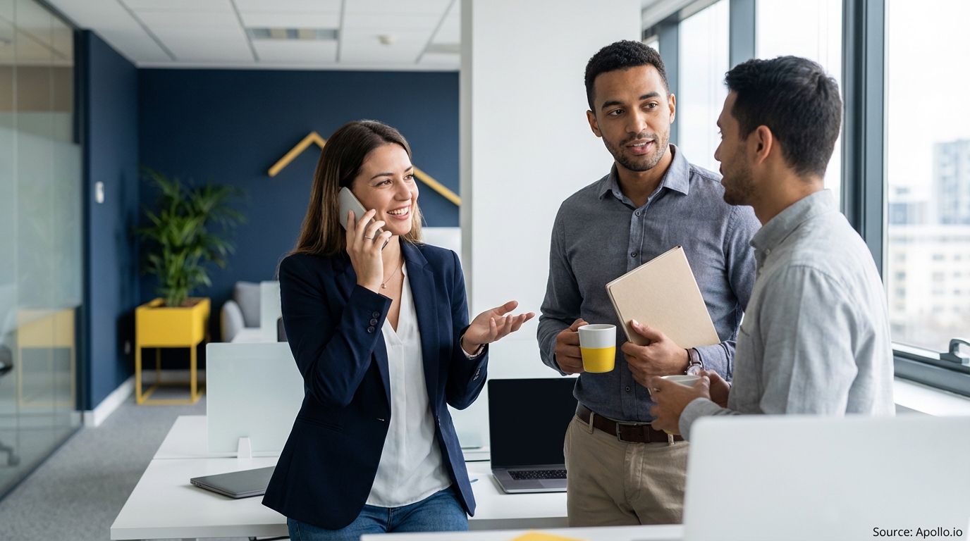 Three professionals communicate in a modern office, one woman on a phone call.