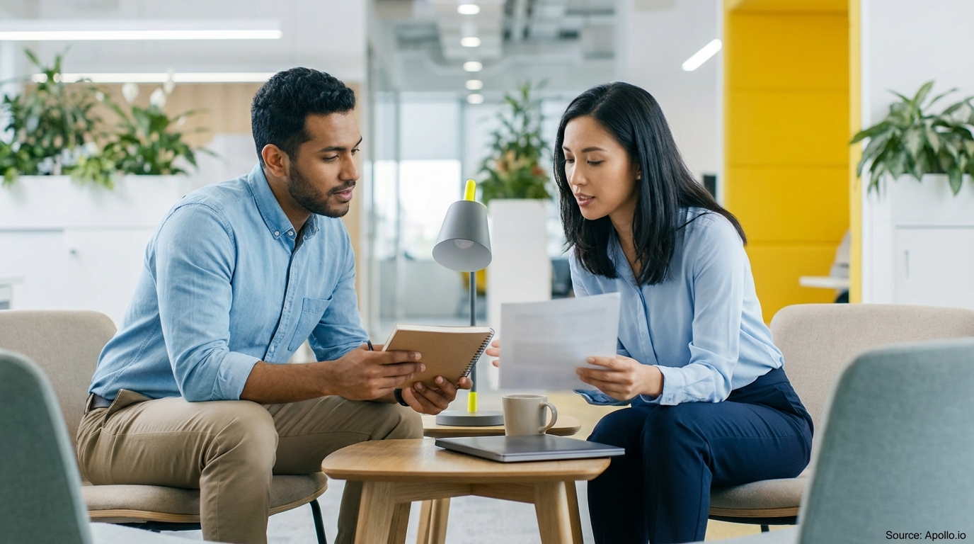 Two professionals discuss documents and a notebook at a small table in a modern office lounge.