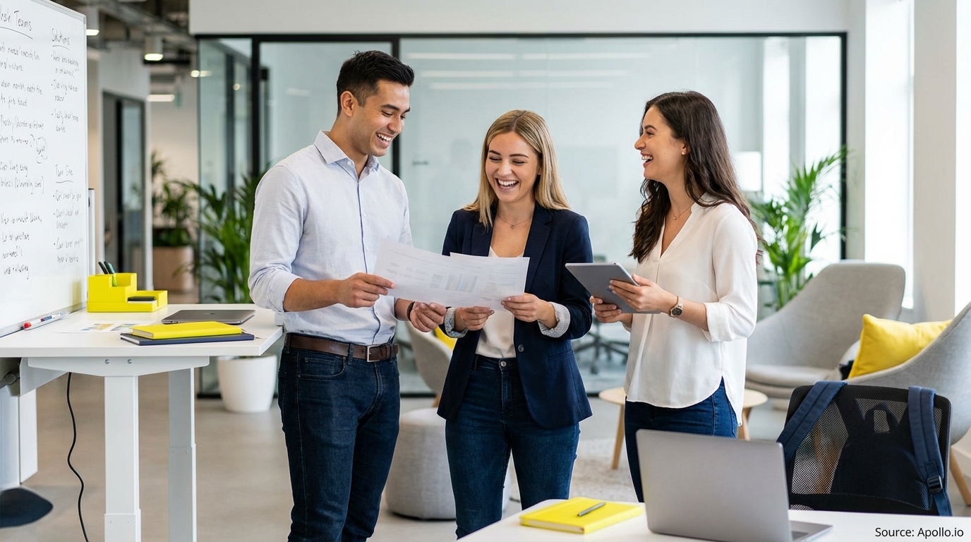 Sales team collaborating in a modern open-plan office during a hiring discussion