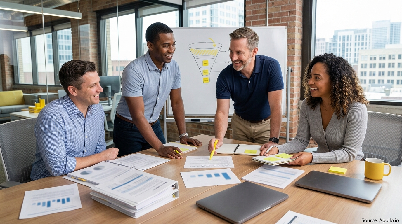 Sales professionals discussing strategy around a conference table during a hiring discussion