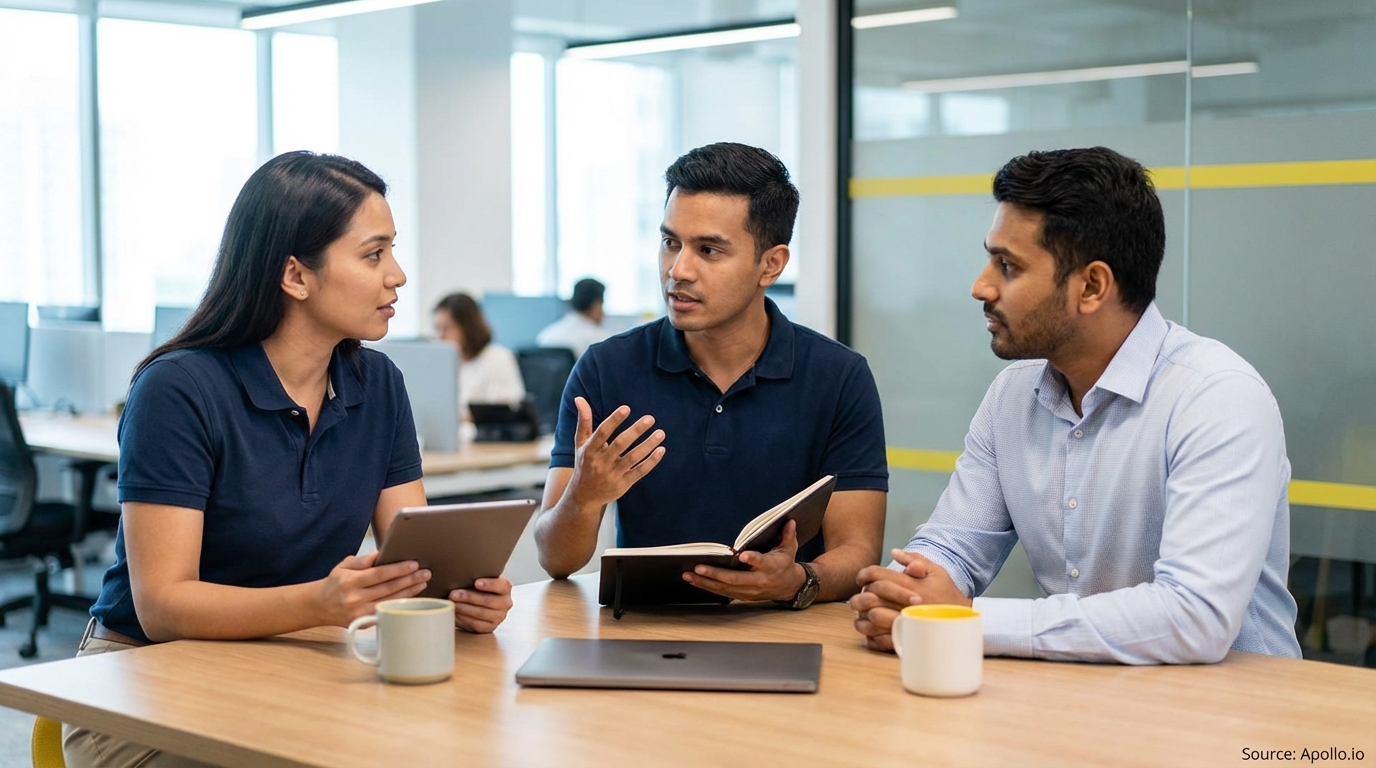 Three professionals discuss at a modern office table with a tablet, notebook, and laptop.