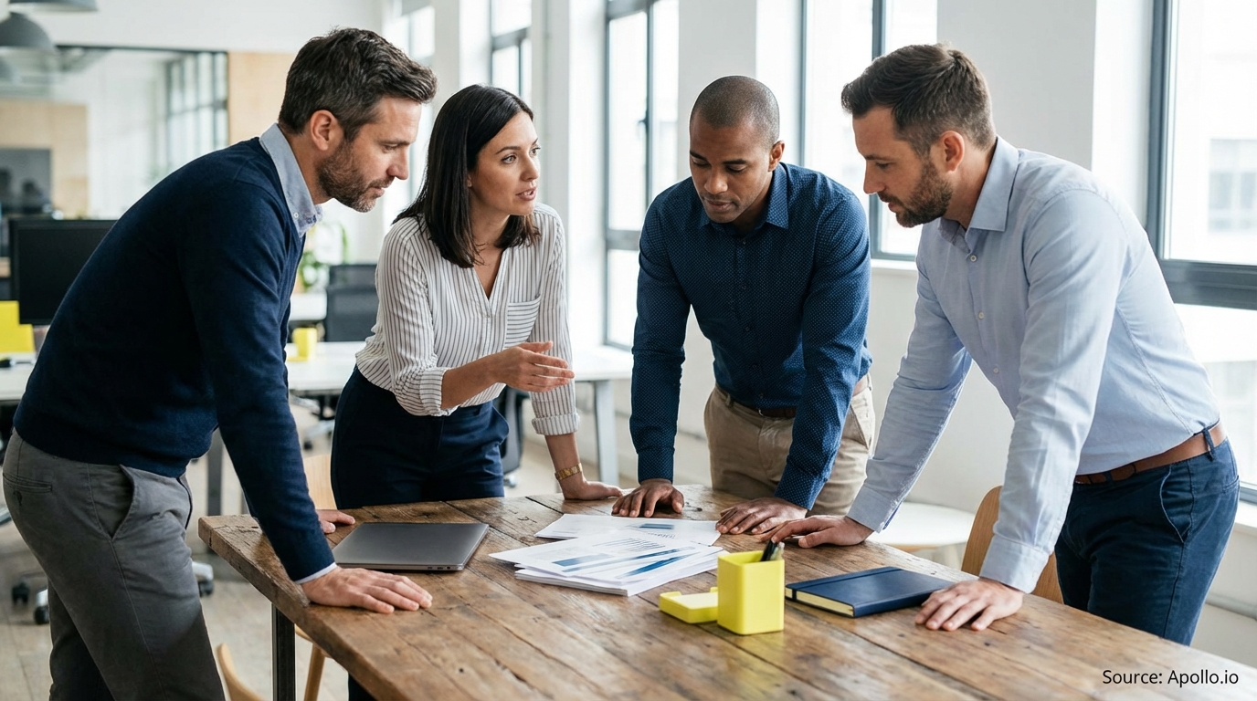 Four business professionals stand around a table, reviewing documents and discussing.