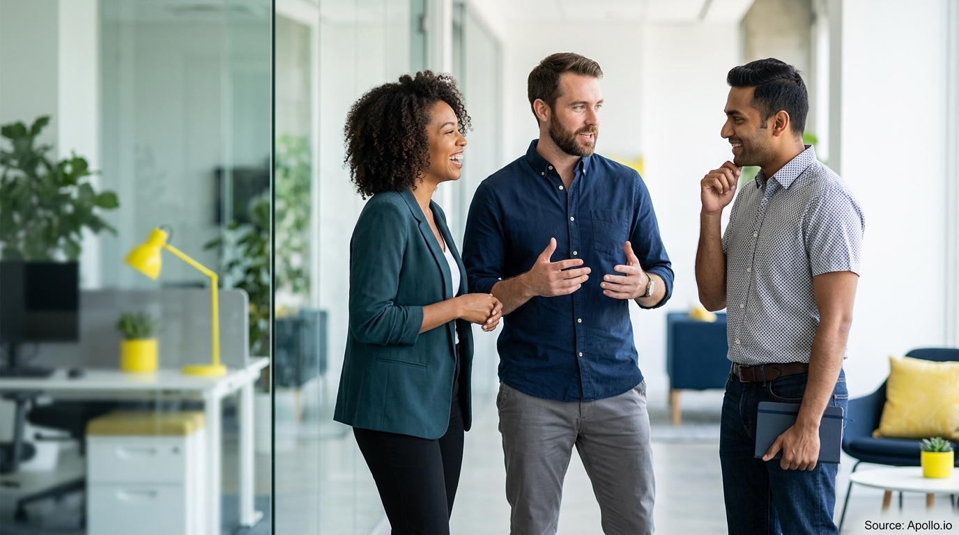 Three professionals engage in a friendly conversation in a bright, modern office with glass walls.