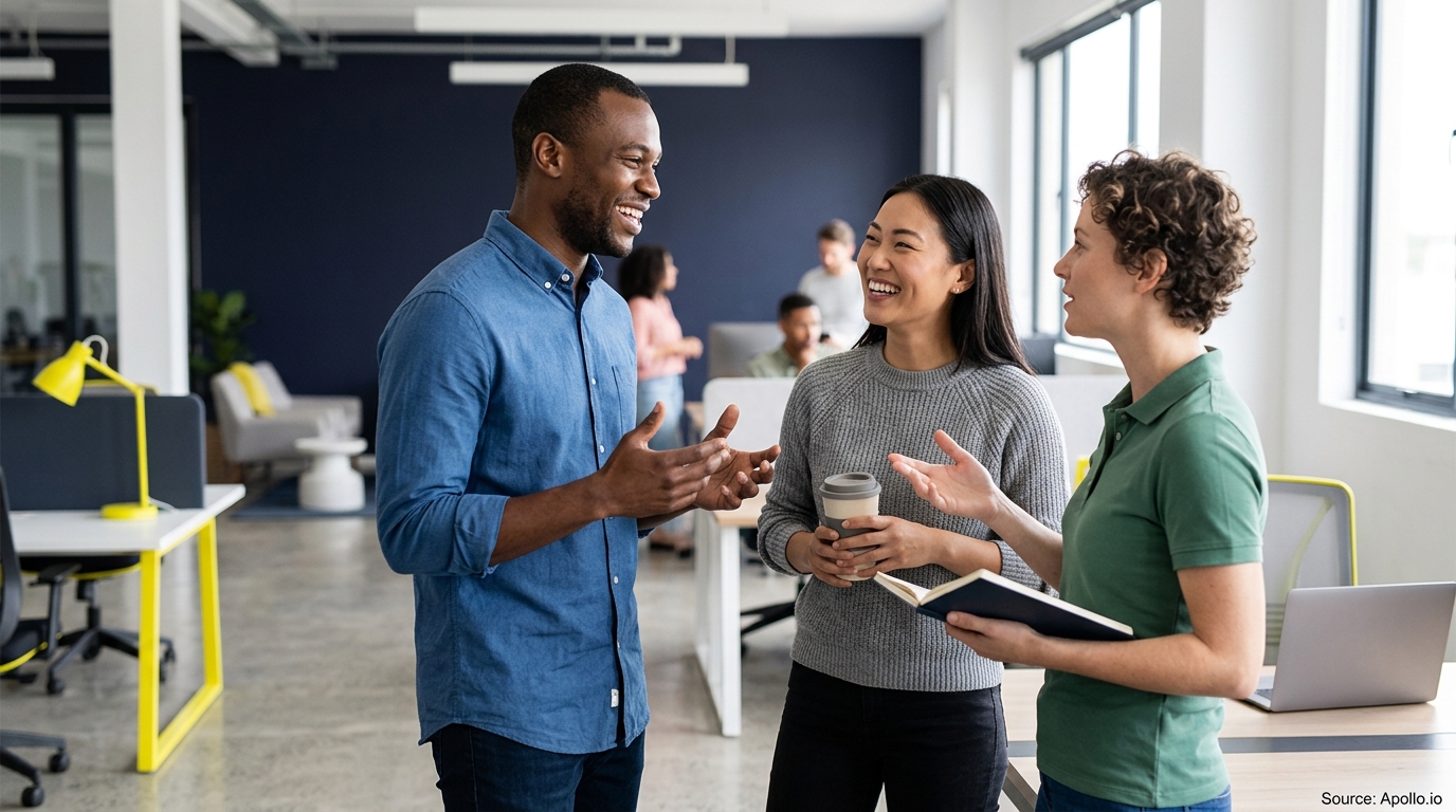 Three diverse professionals smile and converse in a bright, modern open-plan office setting.
