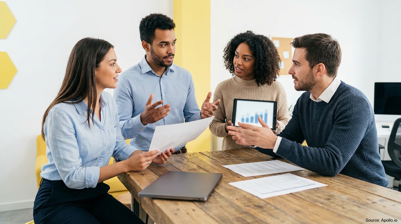 Four diverse professionals discuss data at a wooden table in a modern office.