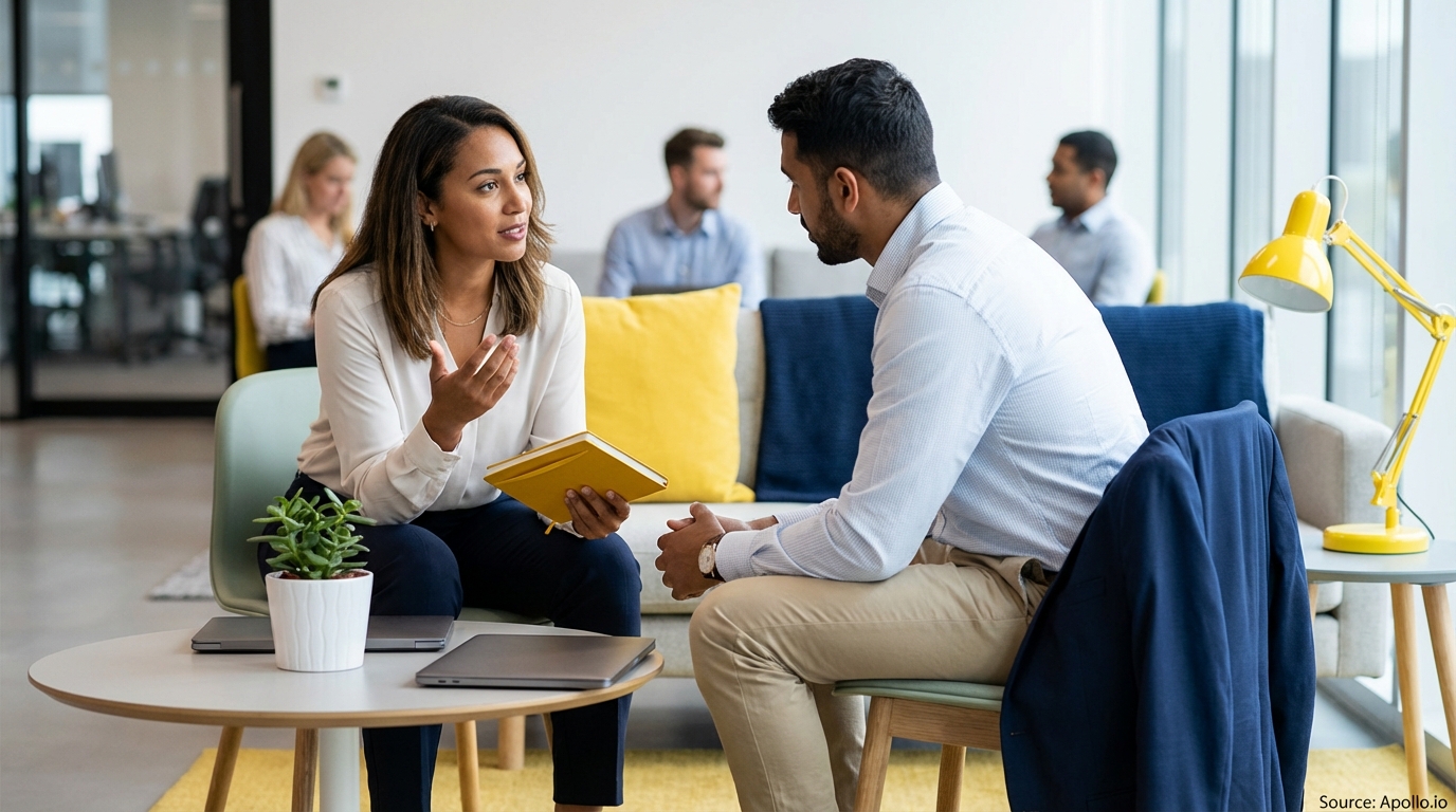 Two professionals discuss in a modern office lounge with others in the background.