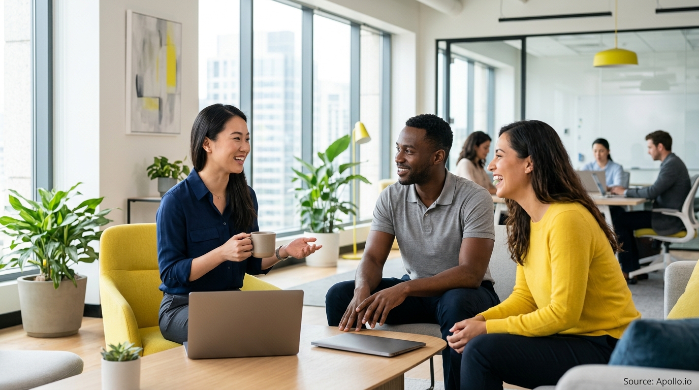 Three diverse professionals smiling and conversing around a coffee table in a bright, modern office.