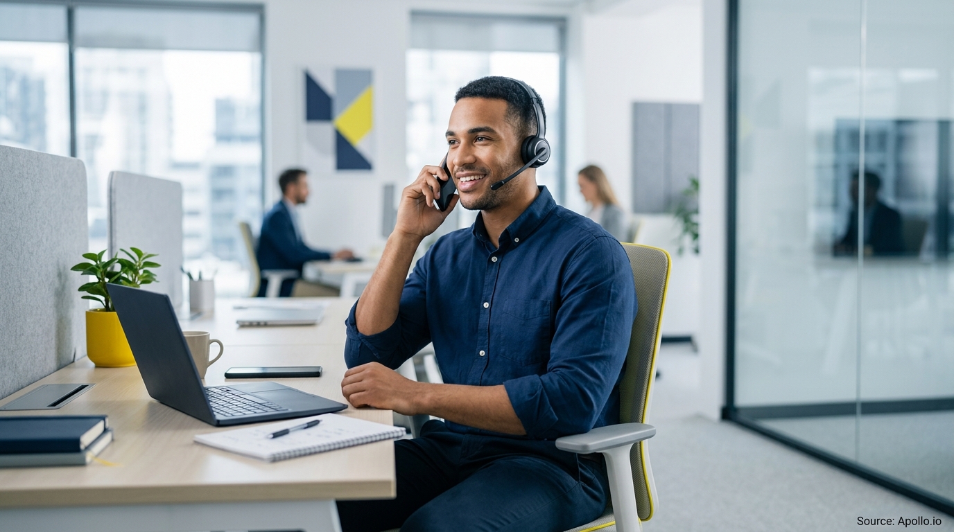 A professional man with a headset talks on a phone at a desk while colleagues work nearby.