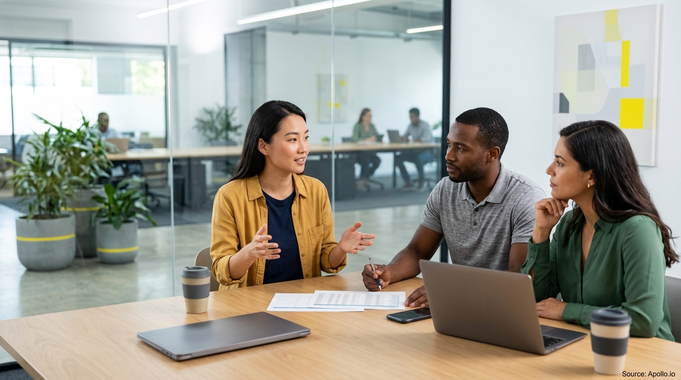 Three colleagues review data sheets and discuss work around a laptop at a modern office table.