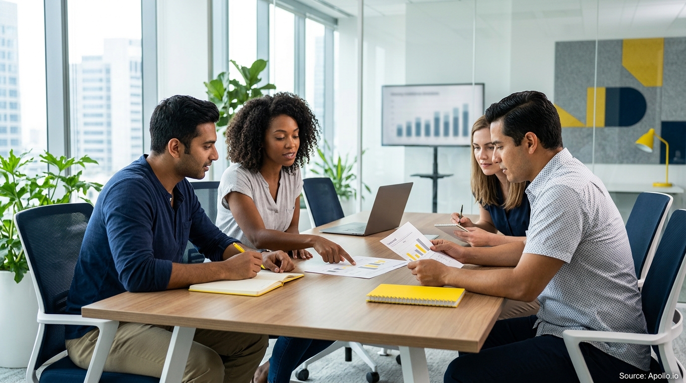 Four professionals review printed data charts together around a table in a bright, modern office.