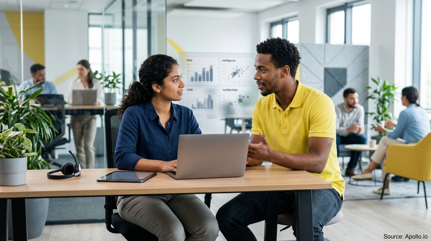 Two professionals collaborate over a laptop at a desk in a modern, open-plan office.