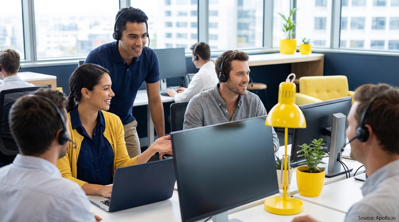 Sales development rep on a call wearing a professional headset reviewing lead generation strategies