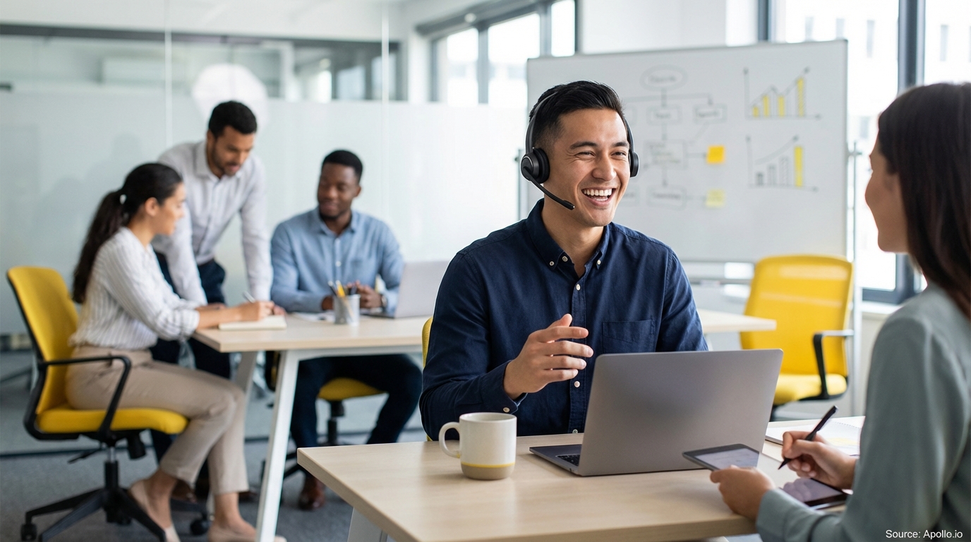 Sales development rep on a call wearing a professional headset reviewing lead generation strategies