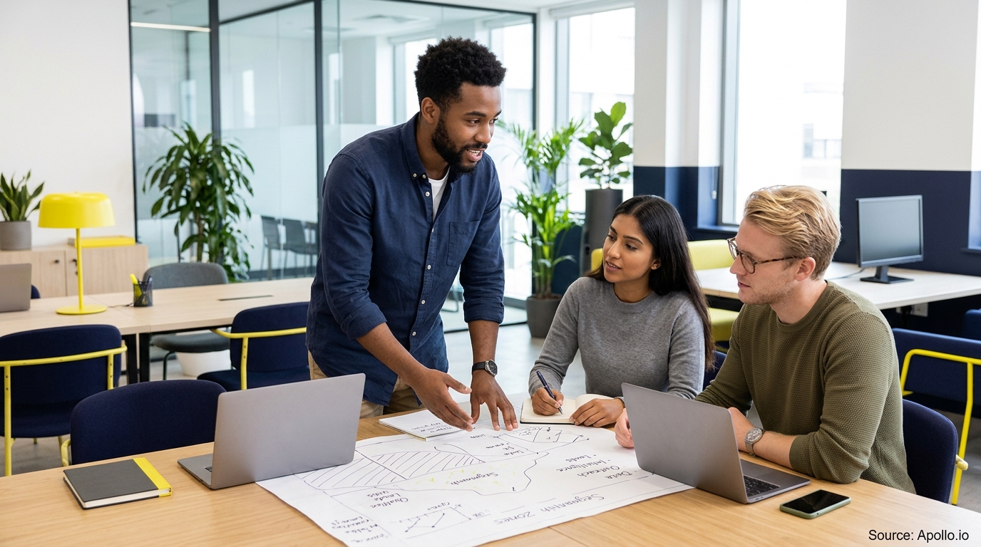 Three professionals review strategy diagrams and work on laptops at a table in a modern office.