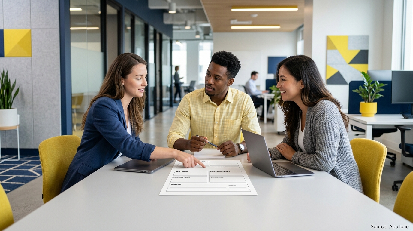 Three professionals collaborate over a printed project plan and laptops at a table in a modern office.