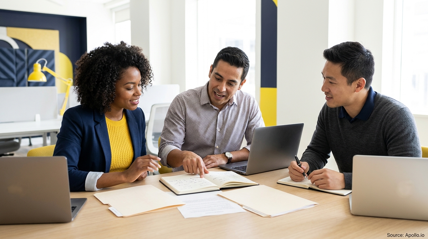 Three colleagues collaborate around a table with laptops and documents in a bright modern office.