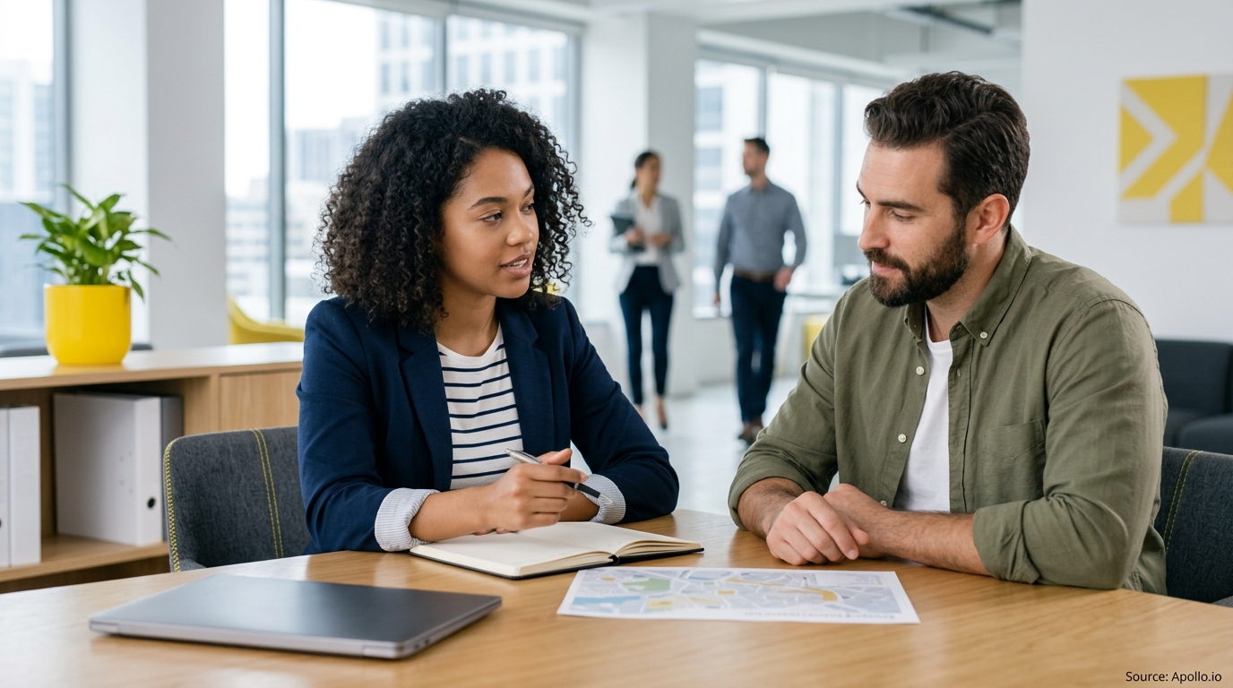 Two colleagues discuss notes and review documents at a wooden desk in a bright, modern office.