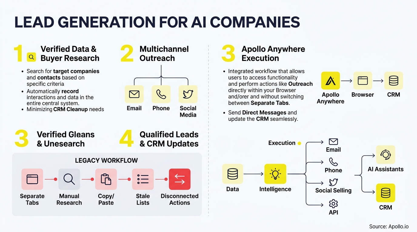 Infographic comparing a legacy manual sales workflow with integrated multichannel lead generation and automated CRM updates.