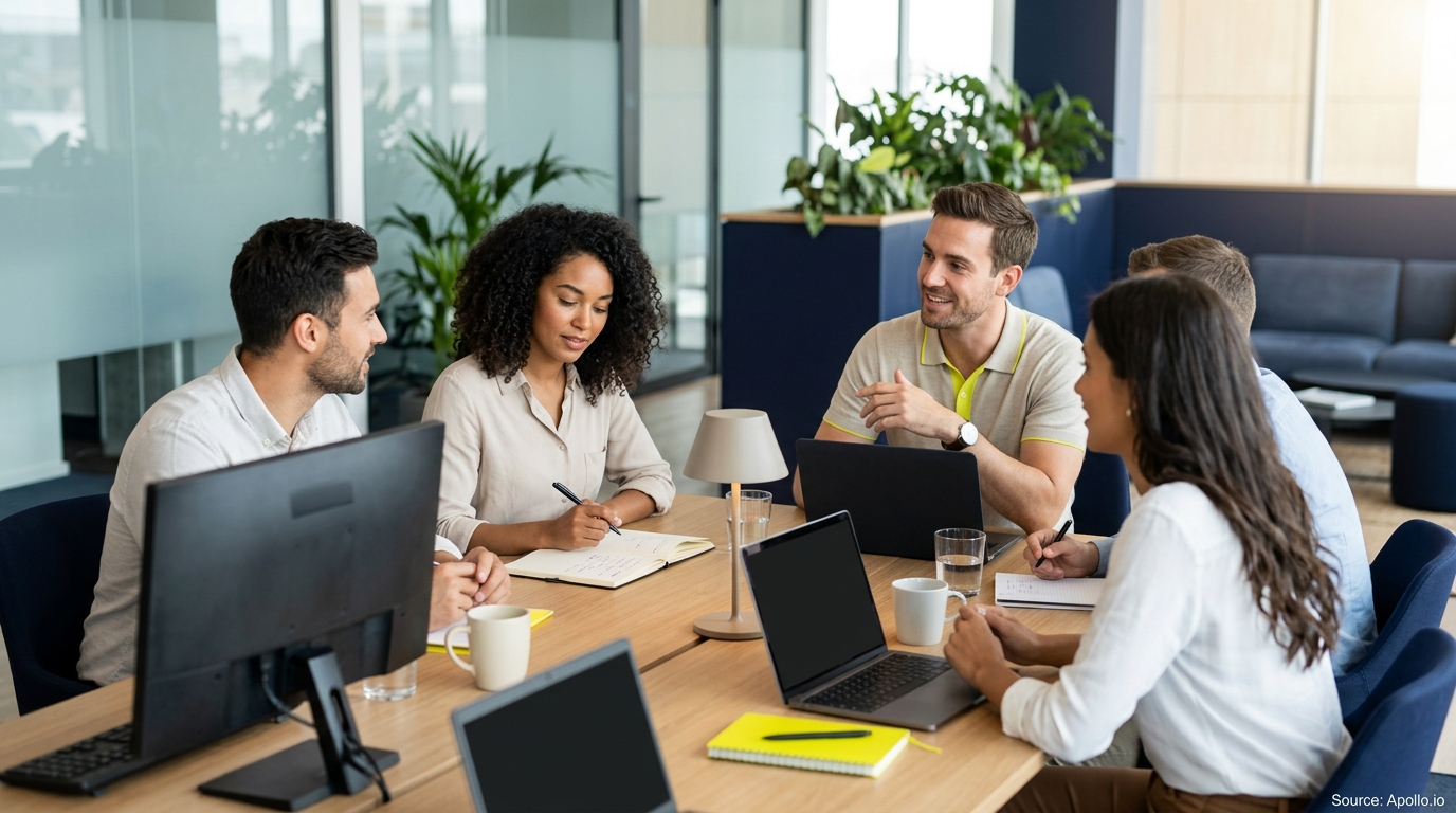 Five professionals collaborate around a wooden table with laptops and notebooks in a bright, modern office.
