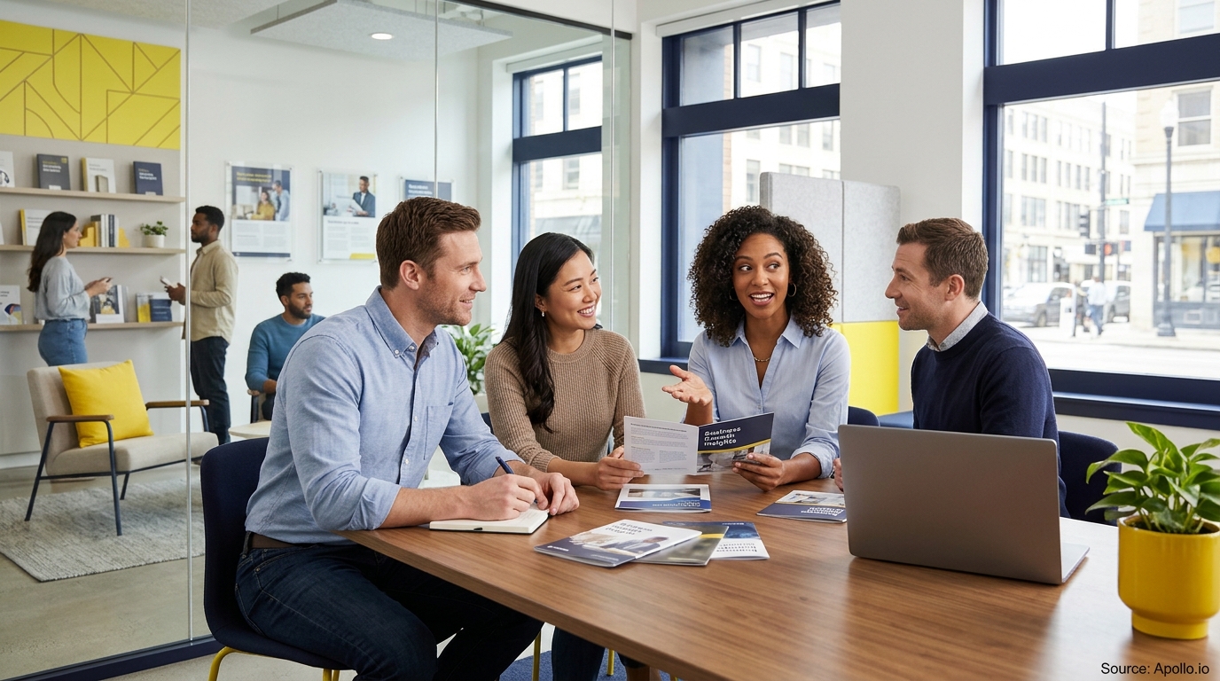 Four professionals sit at a wooden table reviewing brochures and talking together in a bright, modern office.