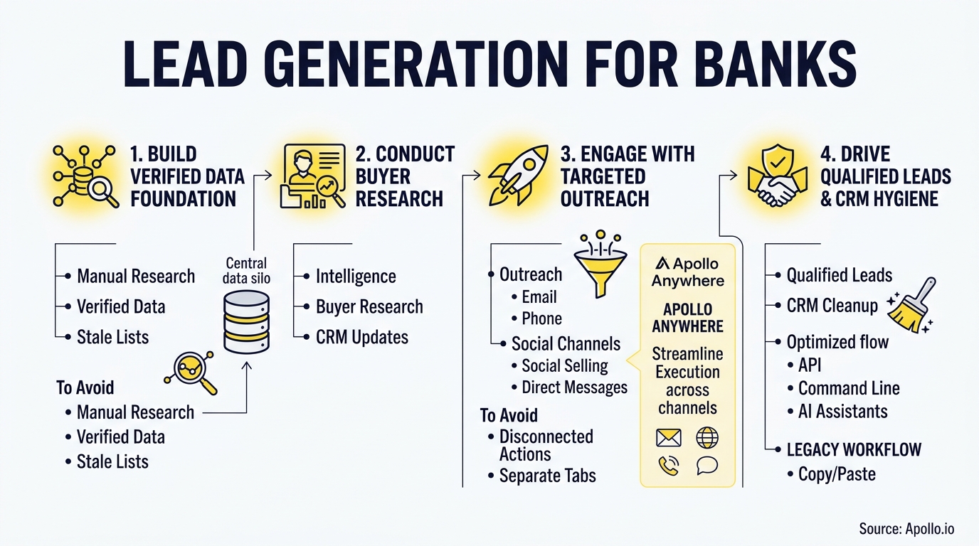 Infographic outlining a four-step lead generation process for banks with icons, arrows, and workflow details.