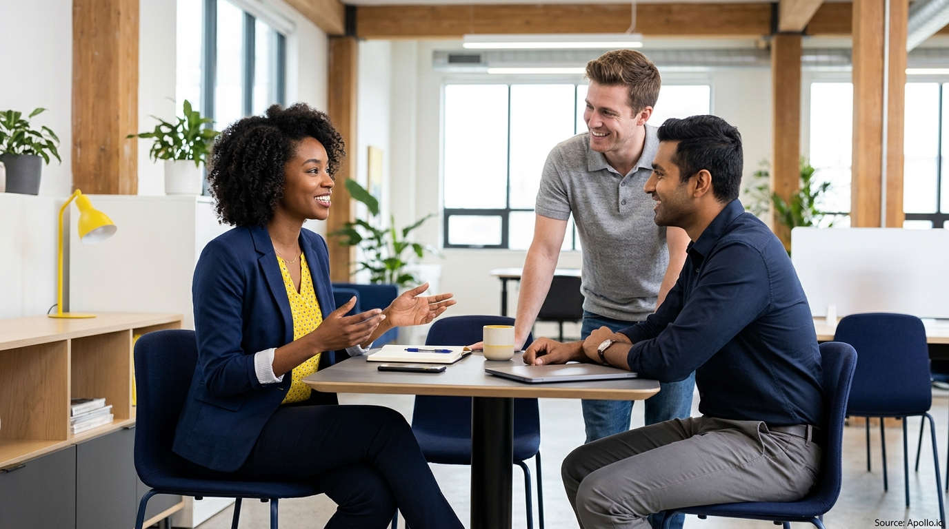 Three professionals smiling and collaborating around a table in a bright, modern office.