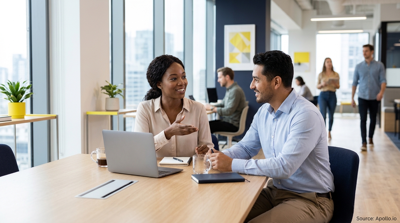Two professionals smiling and discussing work at a table with a laptop in a bright modern office.