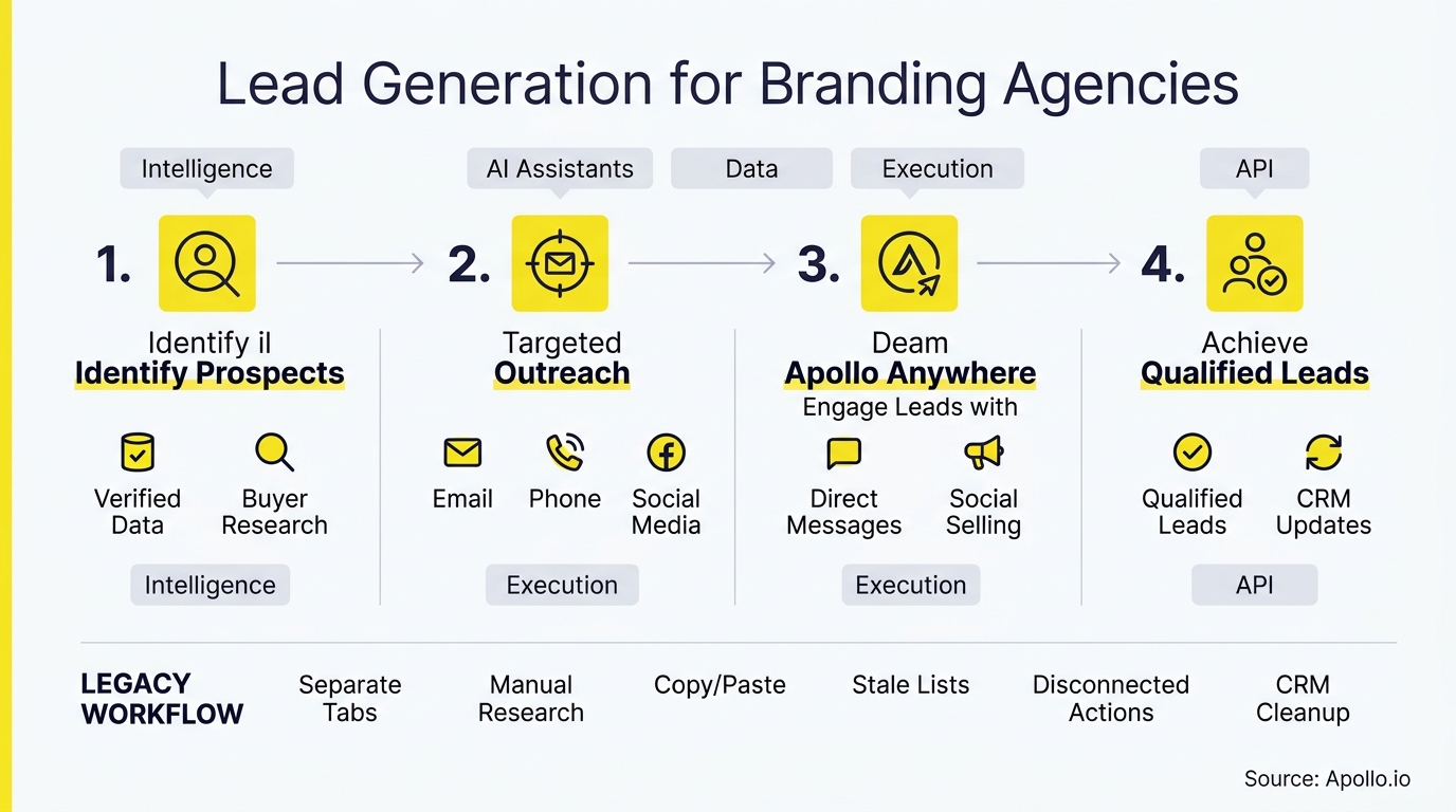 A four-step lead generation diagram outlining prospect identification, targeted outreach, lead engagement, and qualification stages.
