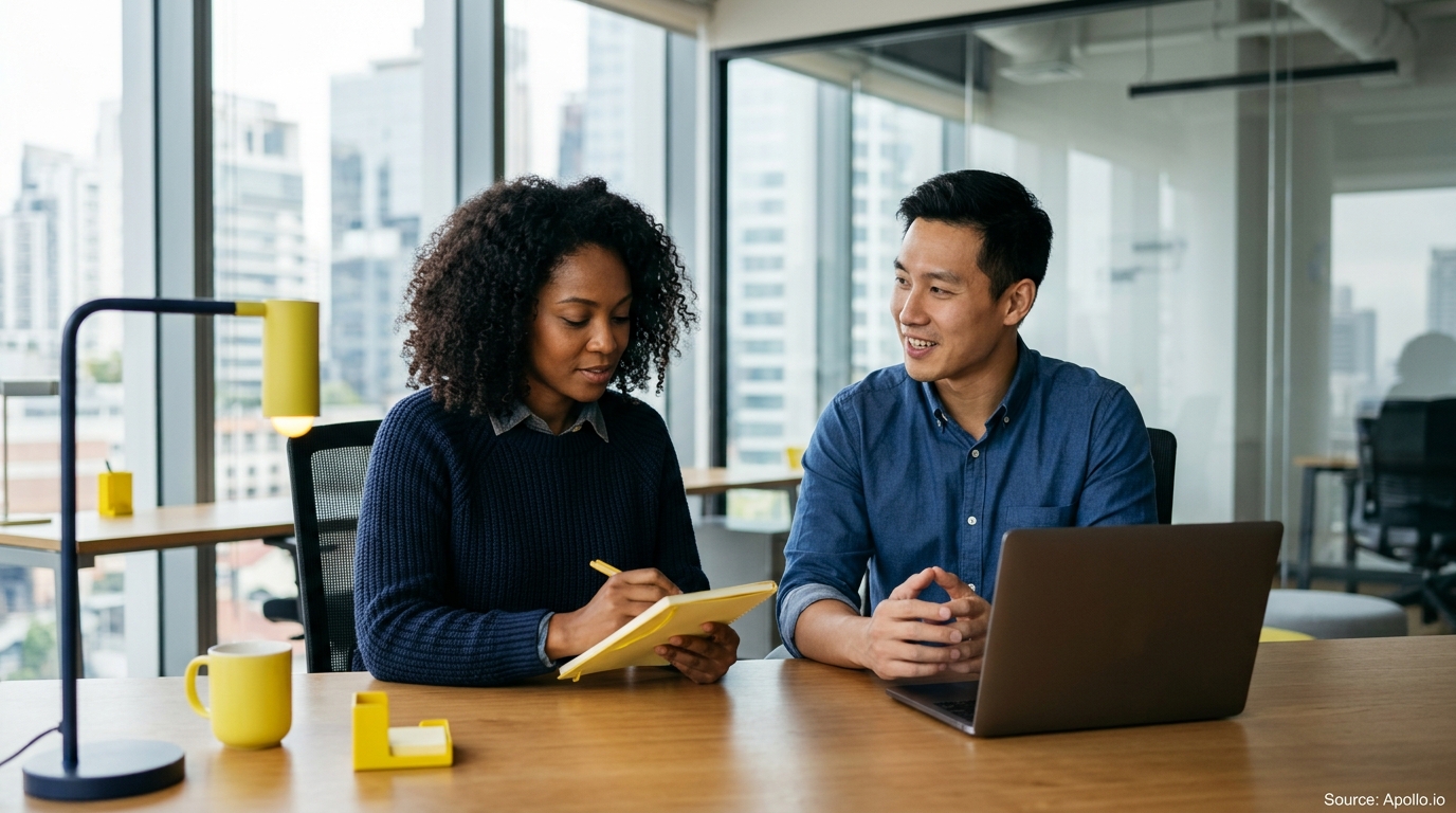 Two colleagues collaborate at a desk with a laptop and notebook in a modern city office.