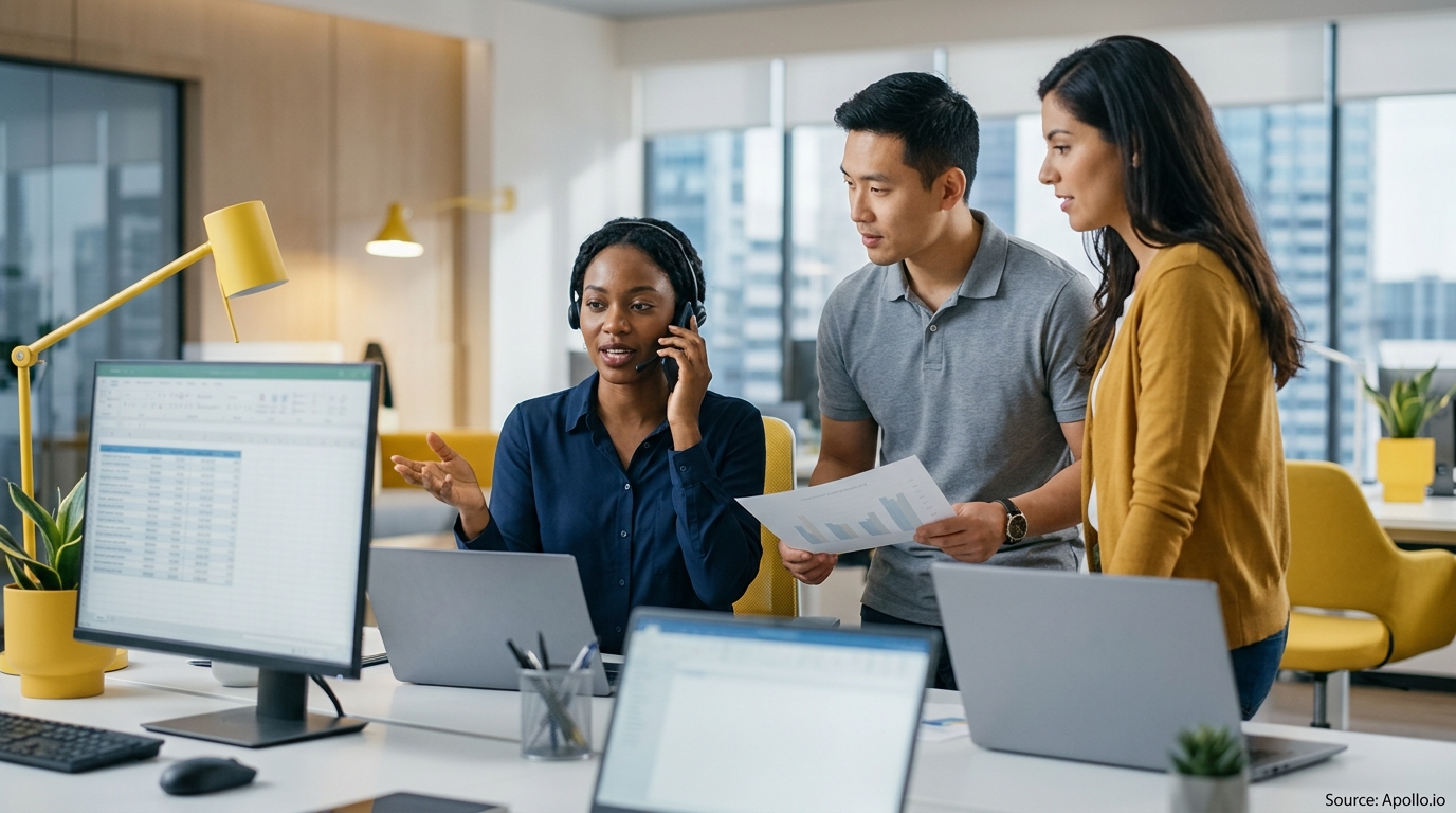 Three colleagues collaborate around computer screens and review data charts in a bright, modern office.