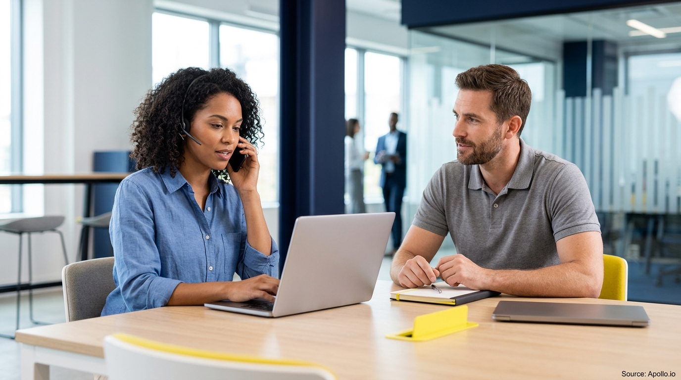 A woman wearing a headset works on a laptop beside a male colleague at a modern office table.