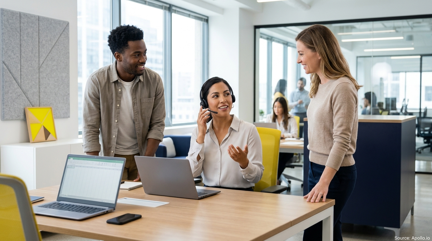 Three colleagues smile and collaborate around a desk with laptops in a bright, modern office.