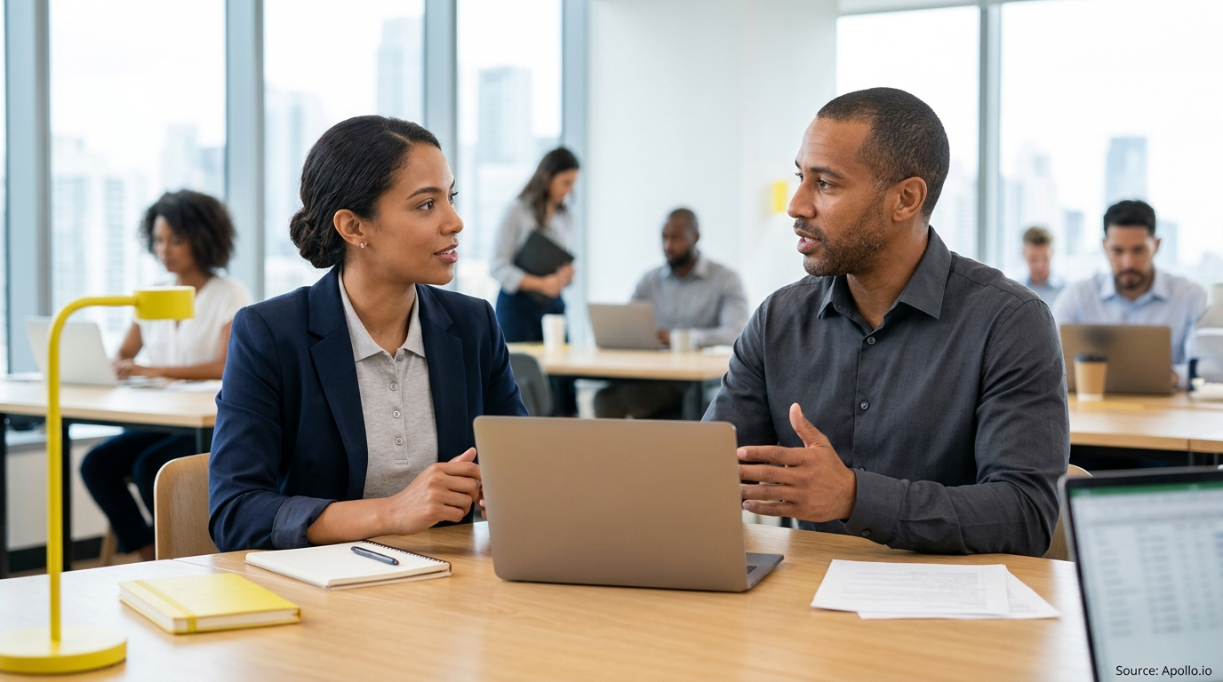 Two professionals discuss work over a laptop at a desk in a modern open-plan office.